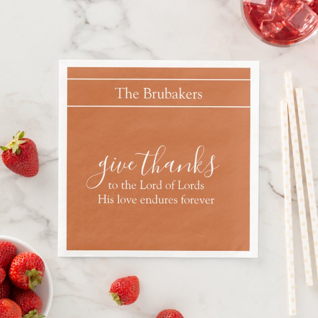 Burnt Orange Give Thanks Personalised Thanksgiving Napkin (Insitu)