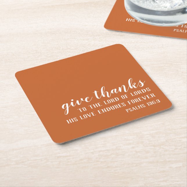 Burnt Orange Give Thanks Religious Thanksgiving Square Paper Coaster (Angled)