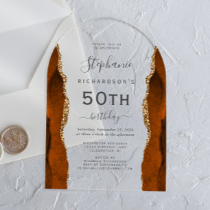 Burnt Orange Gold Agate 50th Birthday Arch Acrylic Invitations