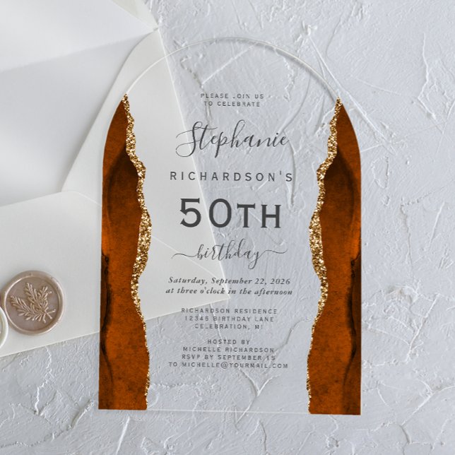 Burnt Orange Gold Agate 50th Birthday Arch Acrylic Invitations (Creator Uploaded)