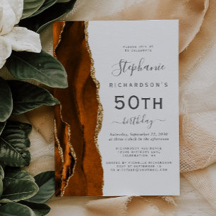 Burnt Orange Gold Agate 50th Birthday Party Invitation