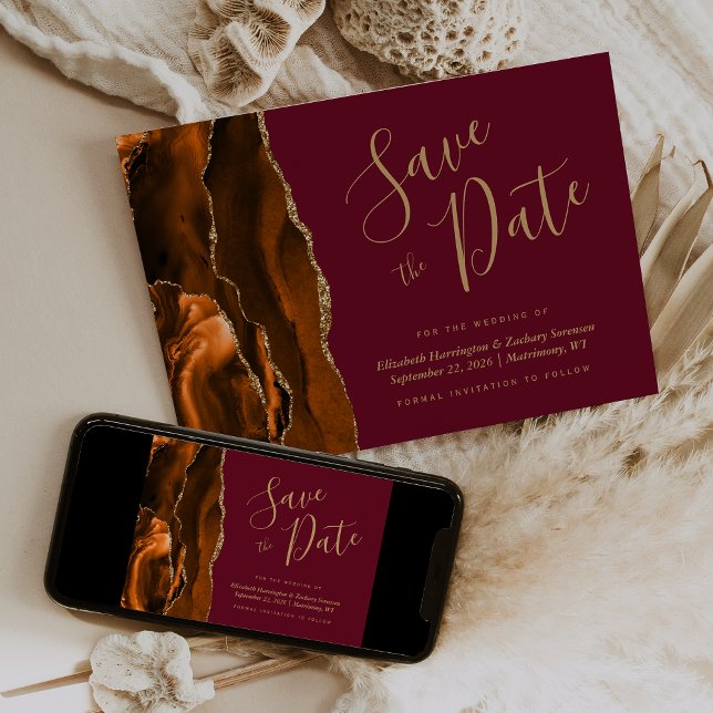 Burnt Orange Gold Agate Burgundy Save the Date Invitation (Creator Uploaded)