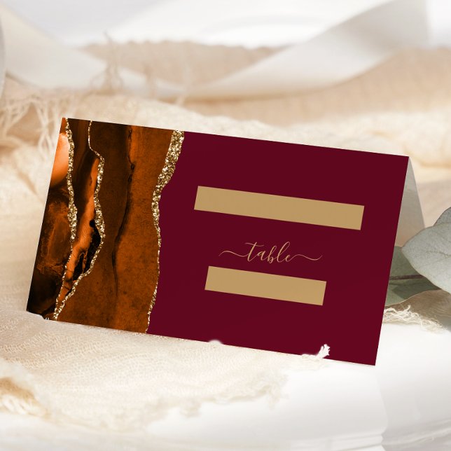 Burnt Orange Gold Agate Burgundy Wedding Place Card (Creator Uploaded)