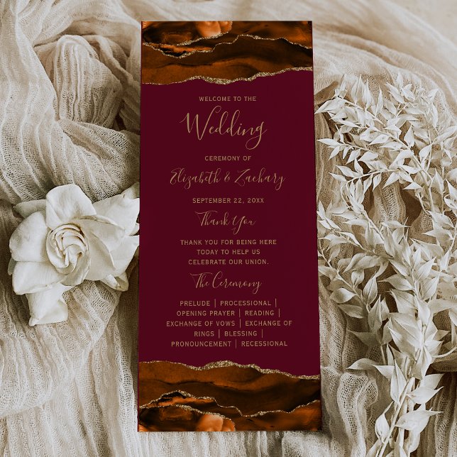 Burnt Orange Gold Agate Burgundy Wedding Program (Creator Uploaded)