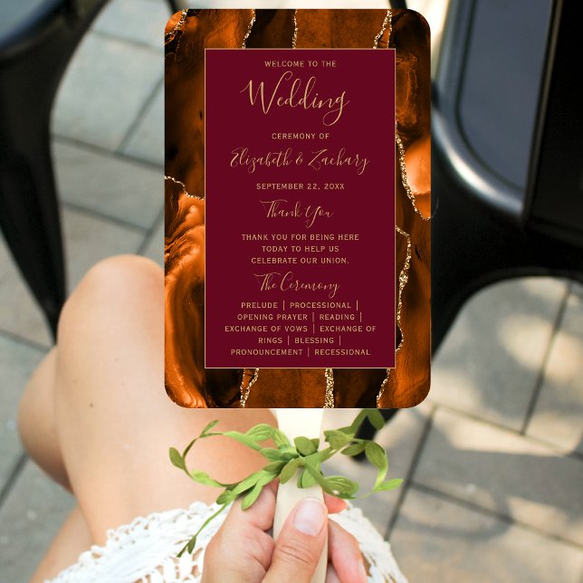 Burnt Orange Gold Agate Burgundy Wedding Program Hand Fan (Creator Uploaded)