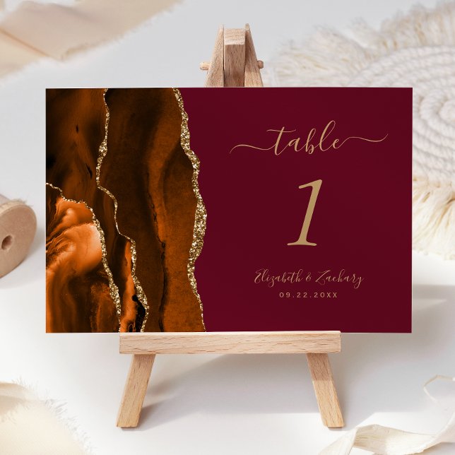 Burnt Orange Gold Agate Burgundy Wedding Table Number (Creator Uploaded)