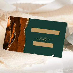 Burnt Orange Gold Agate Dark Green Wedding Place Card