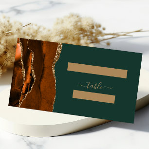 Burnt Orange Gold Agate Dark Green Wedding Place Card