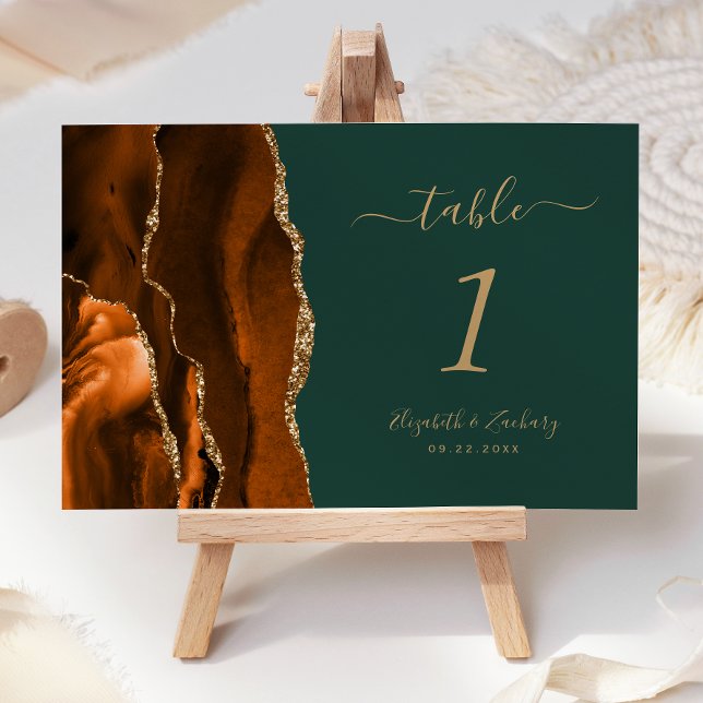 Burnt Orange Gold Agate Dark Green Wedding Table Number (Creator Uploaded)