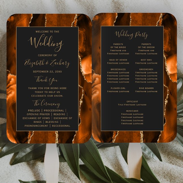 Burnt Orange Gold Agate Dark Wedding Program Hand Fan (Creator Uploaded)