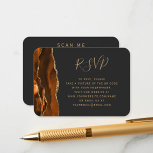 Burnt Orange Gold Agate Dark Wedding QR Code RSVP Enclosure Card