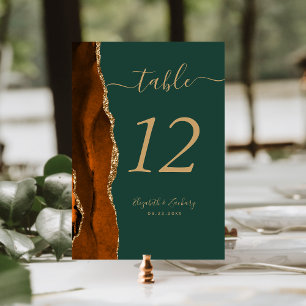 Burnt Orange Gold Agate Green Wedding Table Number