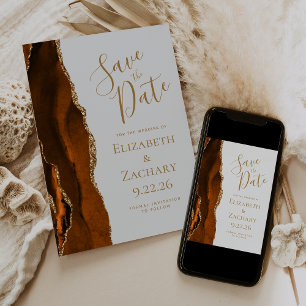 Burnt Orange Gold Agate Grey Save the Date Invitation