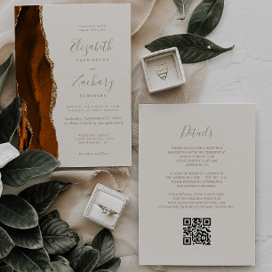 Burnt Orange Gold Agate Ivory QR Code Wedding Invitation