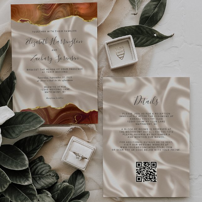 Burnt Orange Gold Agate Ivory Silk QR Code Wedding Invitation (Creator Uploaded)