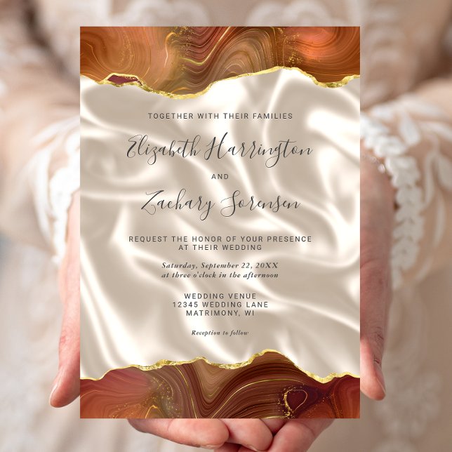 Burnt Orange Gold Agate Ivory Silk Wedding Invitation (Creator Uploaded)