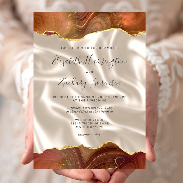 Burnt Orange Gold Agate Ivory Silk Wedding Invitation (Creator Uploaded)