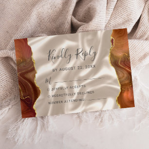 Burnt Orange Gold Agate Ivory Silk Wedding RSVP Card