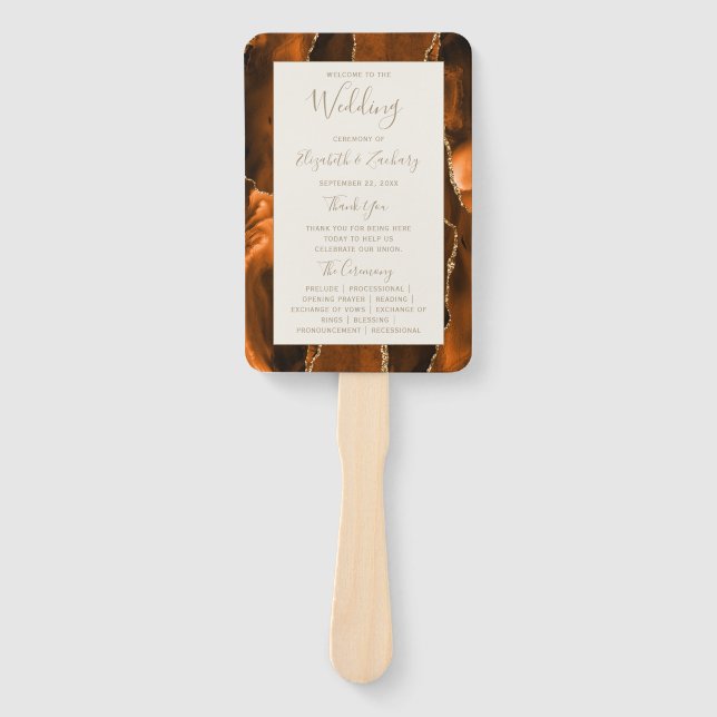 Burnt Orange Gold Agate Ivory Wedding Program Hand Fan (Front)