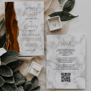 Burnt Orange Gold Agate Marble QR Code Wedding Invitation