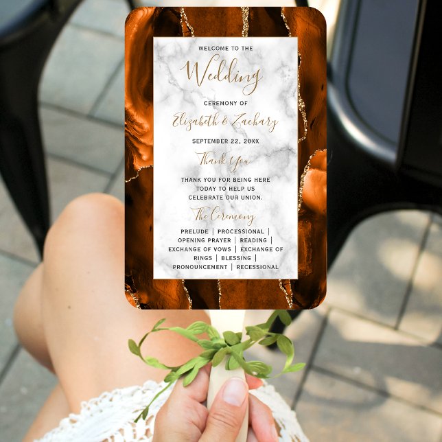 Burnt Orange Gold Agate Marble Wedding Program Hand Fan (Creator Uploaded)