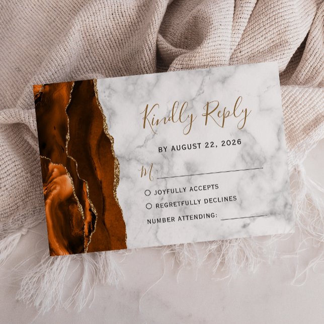 Burnt Orange Gold Agate Marble Wedding RSVP Card (Creator Uploaded)