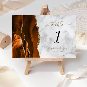Burnt Orange Gold Agate Marble Wedding Table Number