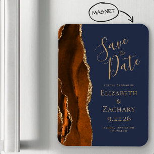 Burnt Orange Gold Agate Navy Blue Save the Date Magnet