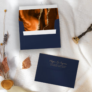 Burnt Orange Gold Agate Navy Blue Script Wedding Envelope