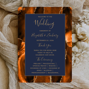 Burnt Orange Gold Agate Navy Blue Wedding Program