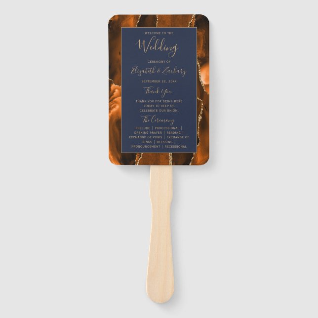 Burnt Orange Gold Agate Navy Blue Wedding Program Hand Fan (Front)