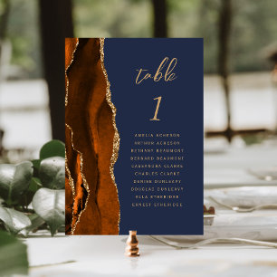 Burnt Orange Gold Agate Navy Blue Wedding Table Number