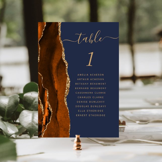 Burnt Orange Gold Agate Navy Blue Wedding Table Number (Creator Uploaded)