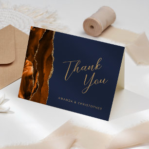 Burnt Orange Gold Agate Navy Wedding Thank You Card