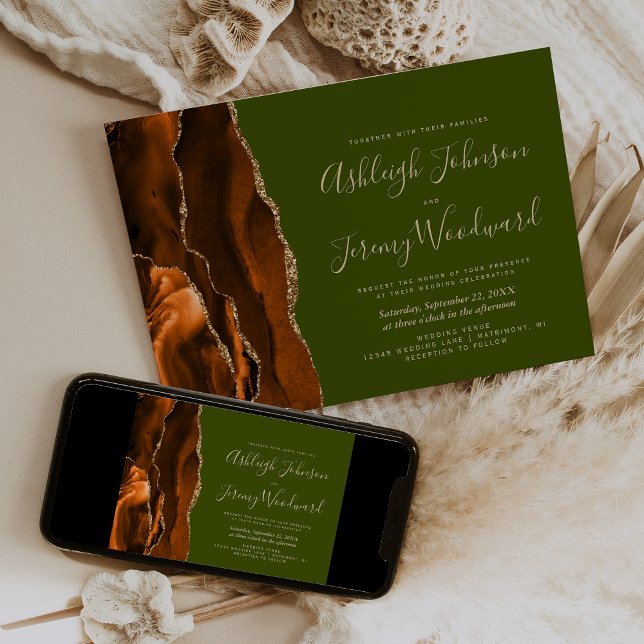 Burnt Orange Gold Agate Olive Green Wedding Invitation (Creator Uploaded)