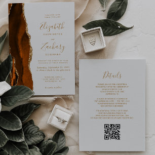 Burnt Orange Gold Agate Pale Grey QR Code Wedding Invitation