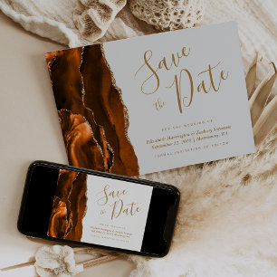 Burnt Orange Gold Agate Plale Grey Save the Date Invitation