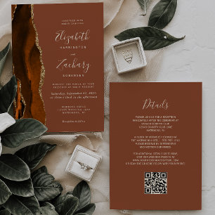 Burnt Orange Gold Agate Rust QR Code Wedding Invitation