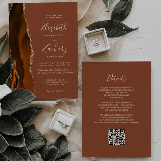 Burnt Orange Gold Agate Rust QR Code Wedding Invitation (Creator Uploaded)