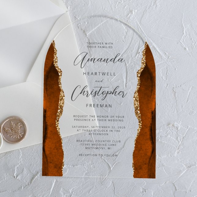 Burnt Orange Gold Agate Script Arch Wedding Acrylic Invitations (Creator Uploaded)