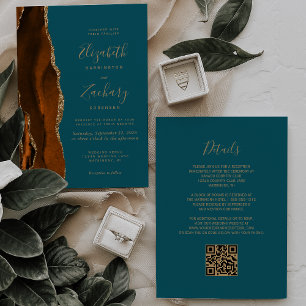 Burnt Orange Gold Agate Teal QR Code Wedding Invitation