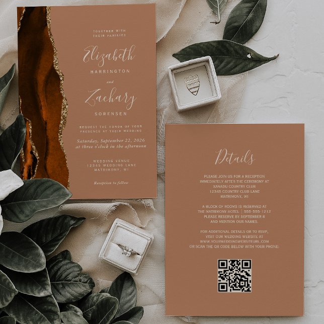 Burnt Orange Gold Agate Terracotta QR Code Wedding Invitation (Creator Uploaded)