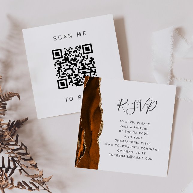 Burnt Orange Gold Agate Wedding QR Code RSVP Enclosure Card (Creator Uploaded)