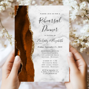 Burnt Orange Gold Agate Wedding Rehearsal Dinner Invitation