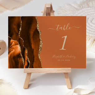Burnt Orange Gold Agate Wedding Table Number