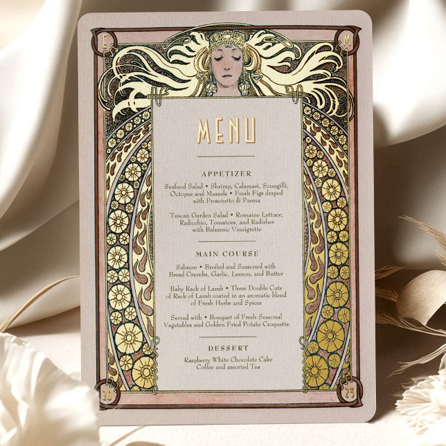 Burnt Orange Gold Art Nouveau Menu Card Mucha (Creator Uploaded)
