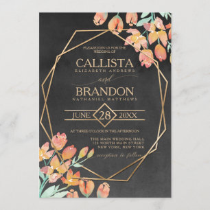 Burnt Orange Gold Black Floral Terrarium Wedding Invitation