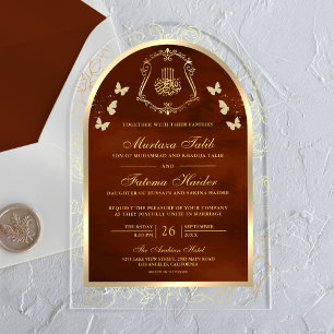 Burnt Orange Gold Butterfly Arch Muslim Wedding Acrylic Invitations