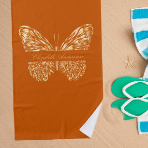 Burnt orange gold butterfly name script beach towel