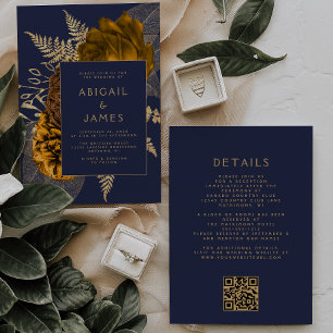 Burnt Orange Gold Floral Navy Blue QR Code Wedding Invitation
